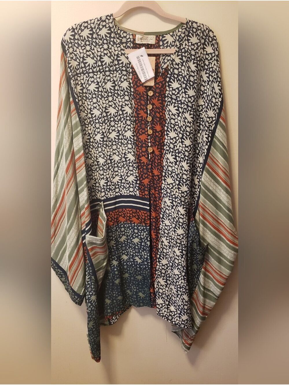 NWT Kantha Bae Silk Split Button Front Tunic — Navy, Rust & Sage